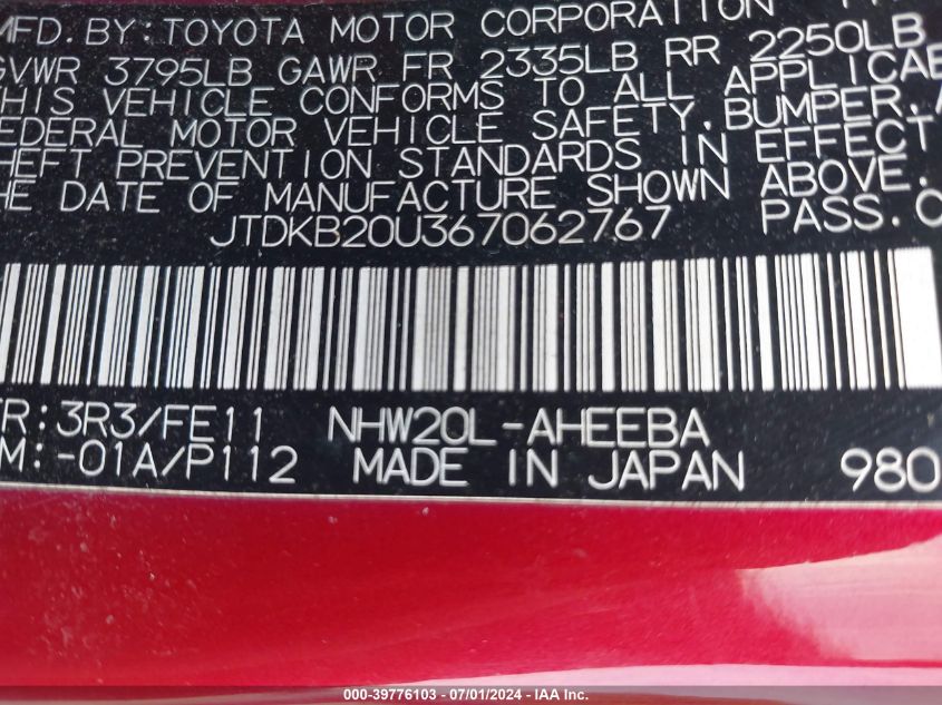 2006 Toyota Prius VIN: JTDKB20U367062767 Lot: 39776103