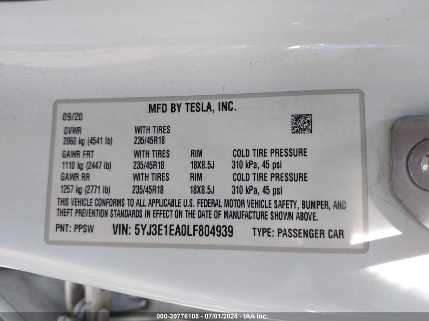 2020 Tesla Model 3 Standard Range Plus Rear-Wheel Drive/Standard Range Rear-Wheel Drive VIN: 5YJ3E1EA0LF804939 Lot: 39776105