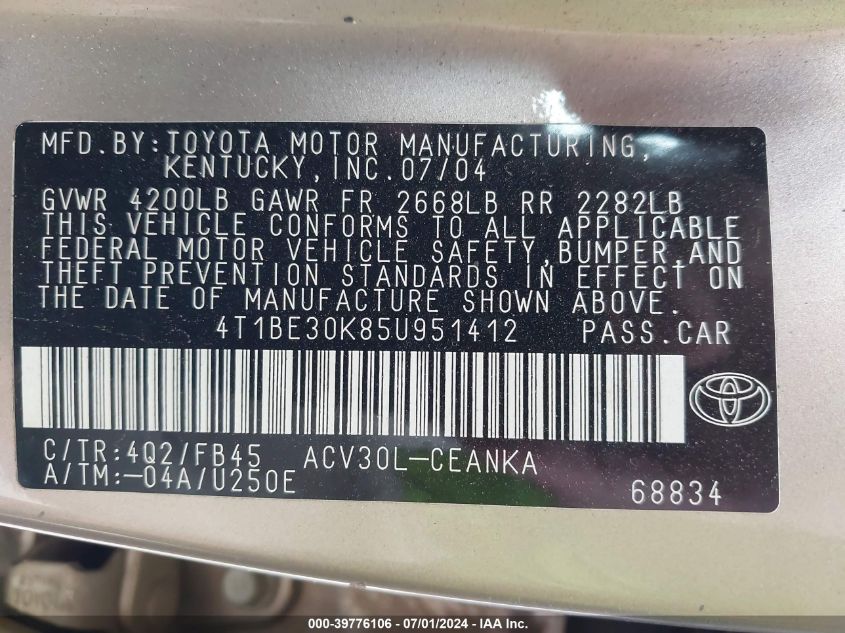 2005 Toyota Camry Le VIN: 4T1BE30K85U951412 Lot: 39776106