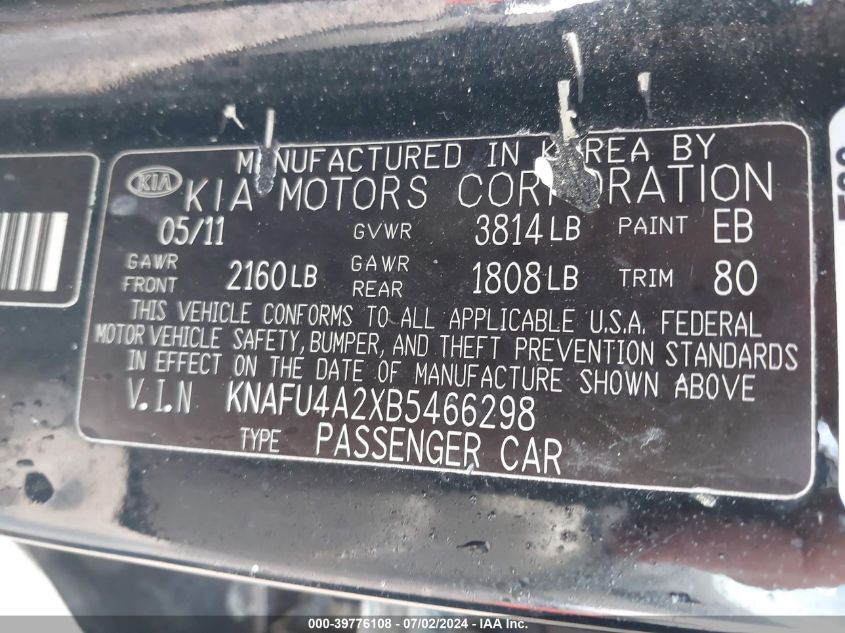 2011 Kia Forte Ex VIN: KNAFU4A2XB5466298 Lot: 39776108