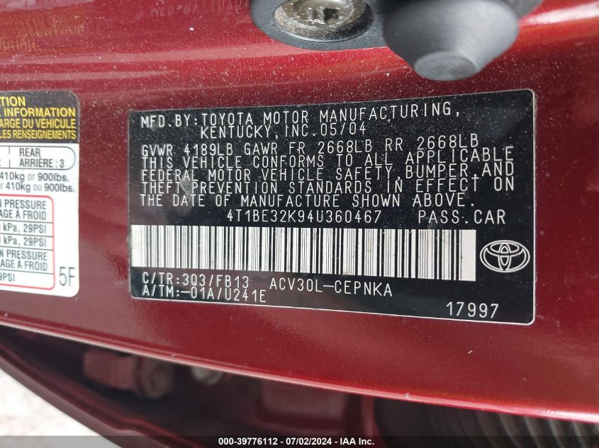 2004 Toyota Camry Le VIN: 4T1BE32K94U360467 Lot: 39776112