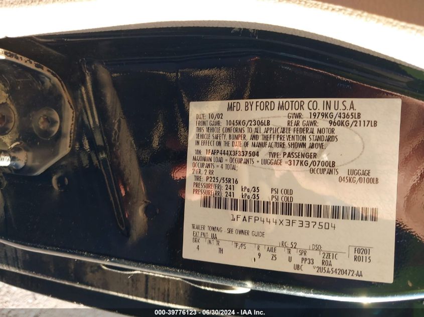 2003 Ford Mustang VIN: 1FAFP444X3F337504 Lot: 39776123