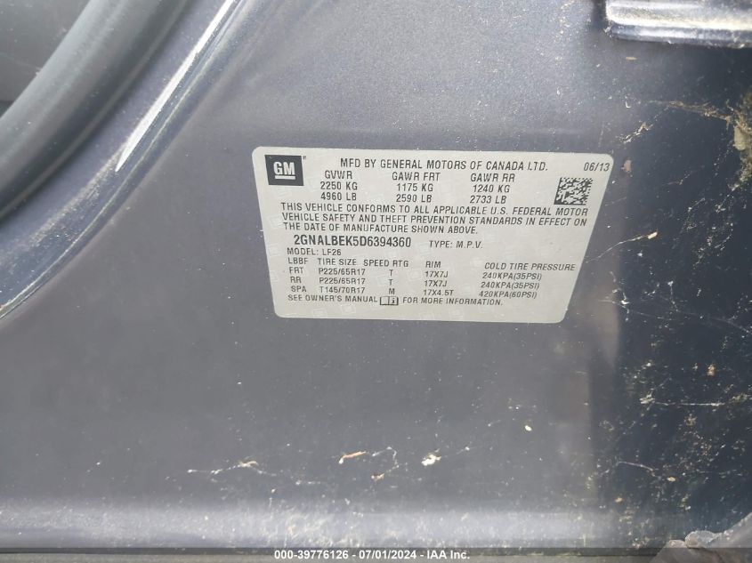 2013 Chevrolet Equinox Ls VIN: 2GNALBEK5D6394360 Lot: 39776126