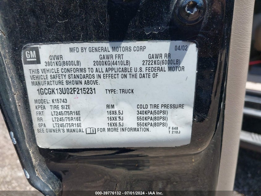 2002 Chevrolet Silverado 1500Hd Lt VIN: 1GCGK13U02F215231 Lot: 39776132