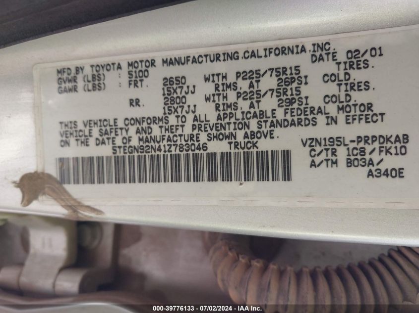 2001 Toyota Tacoma Double Cab Prerunner VIN: 5TEGN92N41Z783046 Lot: 39776133