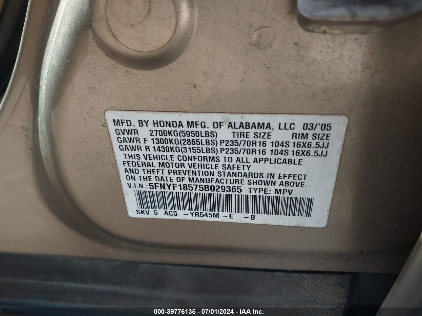 2005 Honda Pilot Ex-L VIN: 5FNYF18575B029365 Lot: 39776135