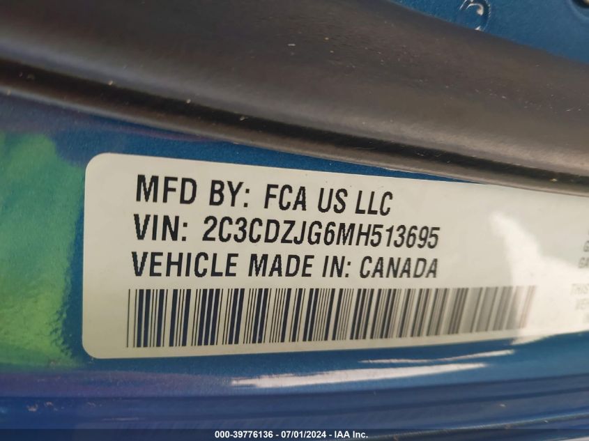 2021 Dodge Challenger Gt VIN: 2C3CDZJG6MH513695 Lot: 39776136