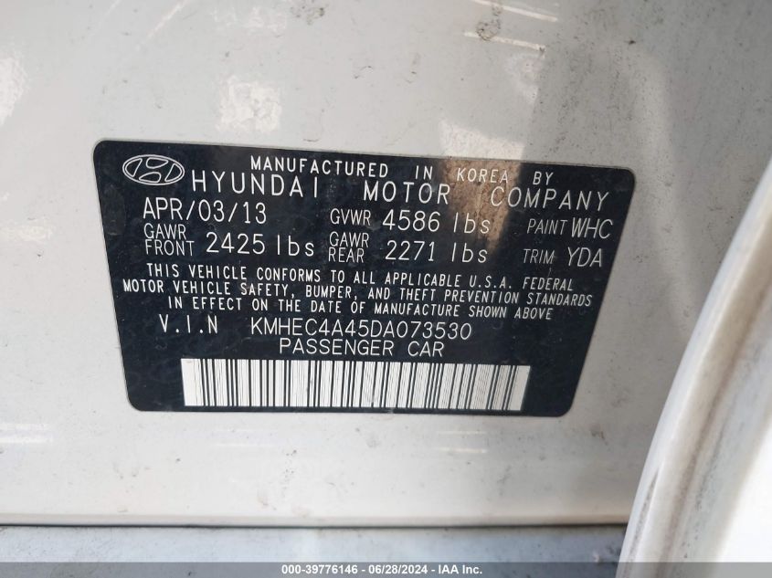 2013 Hyundai Sonata Hybrid Limited VIN: KMHEC4A45DA073530 Lot: 39776146