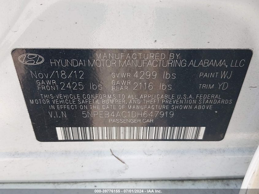 2013 Hyundai Sonata Gls VIN: 5NPEB4AC1DH647919 Lot: 39776155