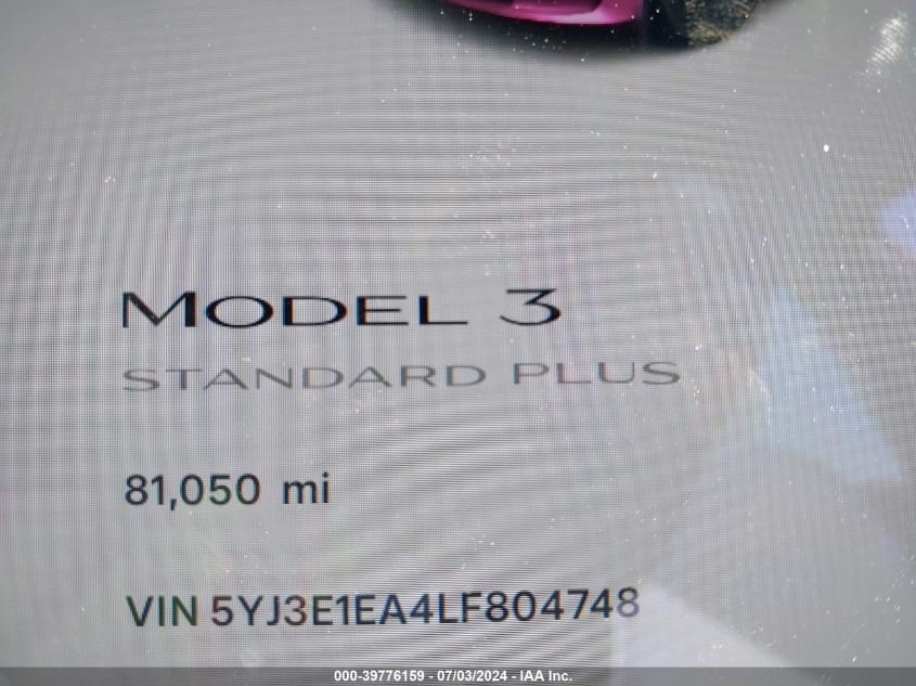 2020 Tesla Model 3 Standard Range Plus Rear-Wheel Drive/Standard Range Rear-Wheel Drive VIN: 5YJ3E1EA4LF804748 Lot: 39776159