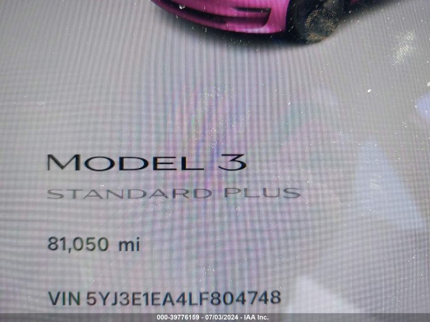 2020 Tesla Model 3 Standard Range Plus Rear-Wheel Drive/Standard Range Rear-Wheel Drive VIN: 5YJ3E1EA4LF804748 Lot: 39776159