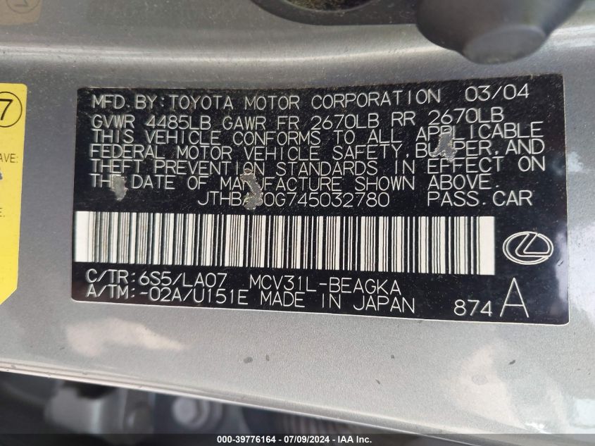 2004 Lexus Es 330 VIN: JTHBA30G745032780 Lot: 39776164