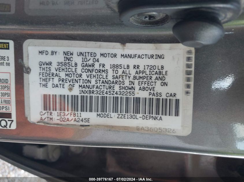 2005 Toyota Corolla Ce/Le/S VIN: 1NXBR32E65Z443225 Lot: 39776167