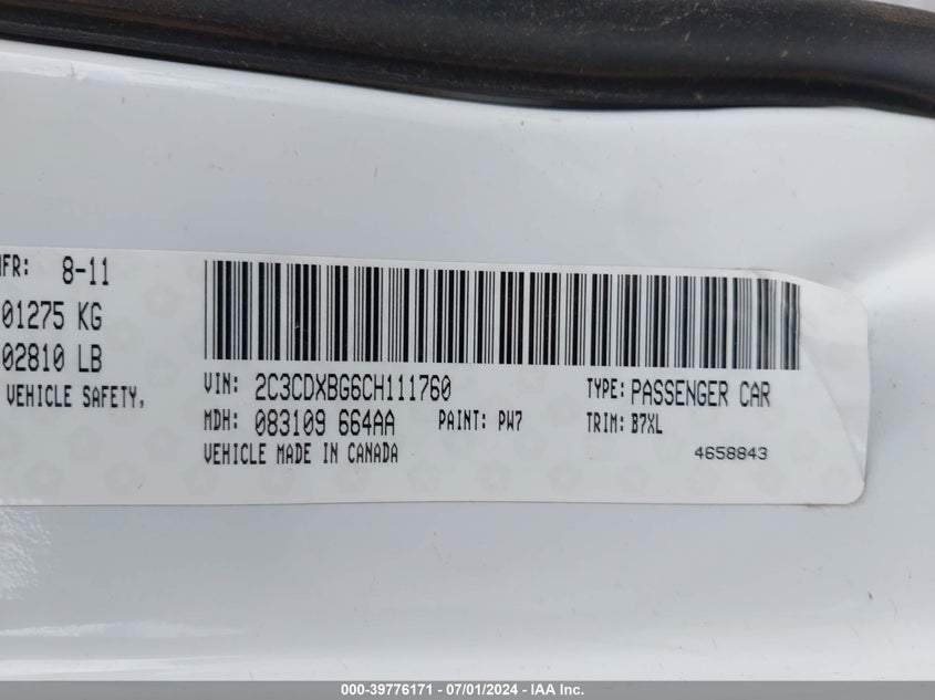2012 Dodge Charger Se VIN: 2C3CDXBG6CH111760 Lot: 39776171