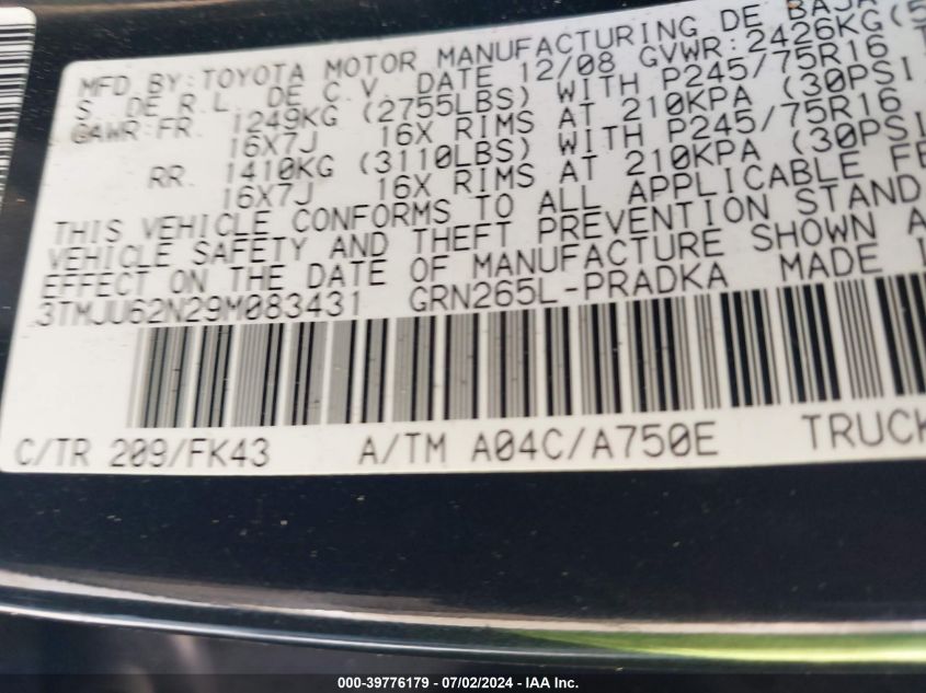 2009 Toyota Tacoma Double Cab Prerunner VIN: 3TMJU62N29M083431 Lot: 39776179