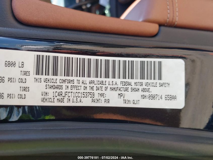 2012 Jeep Grand Cherokee Overland VIN: 1C4RJFCT1CC153759 Lot: 39776181