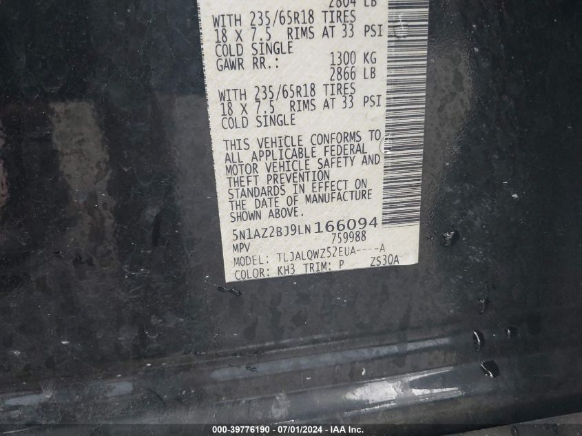 2020 Nissan Murano Sv Fwd VIN: 5N1AZ2BJ9LN166094 Lot: 39776190