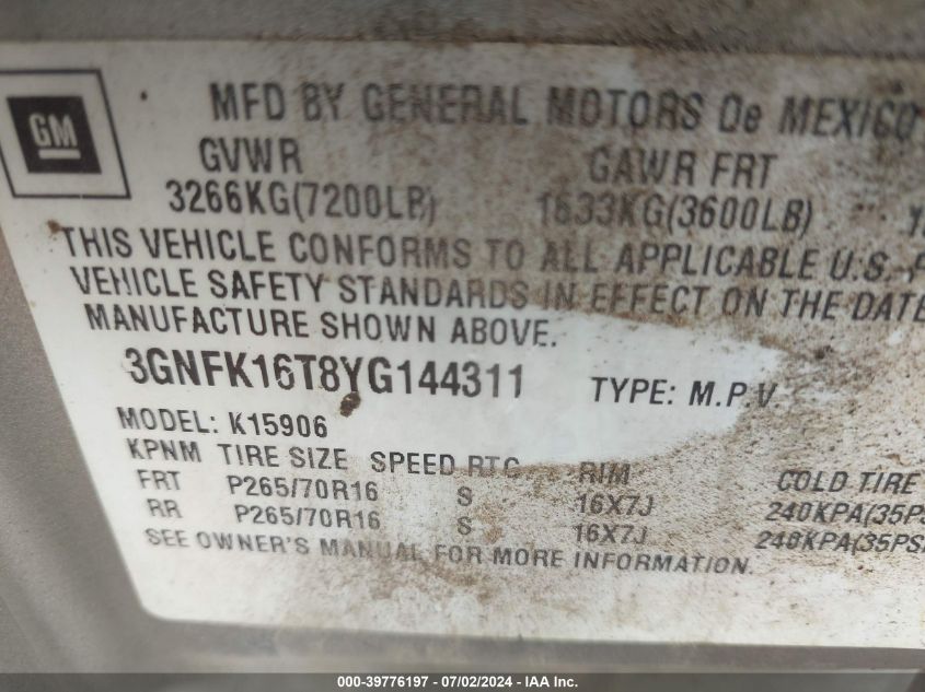 2000 Chevrolet Suburban 1500 Lt VIN: 3GNFK16T8YG144311 Lot: 39776197