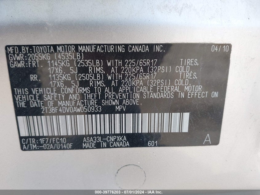 2010 Toyota Rav4 VIN: 2T3BF4DV0AW050933 Lot: 39776203