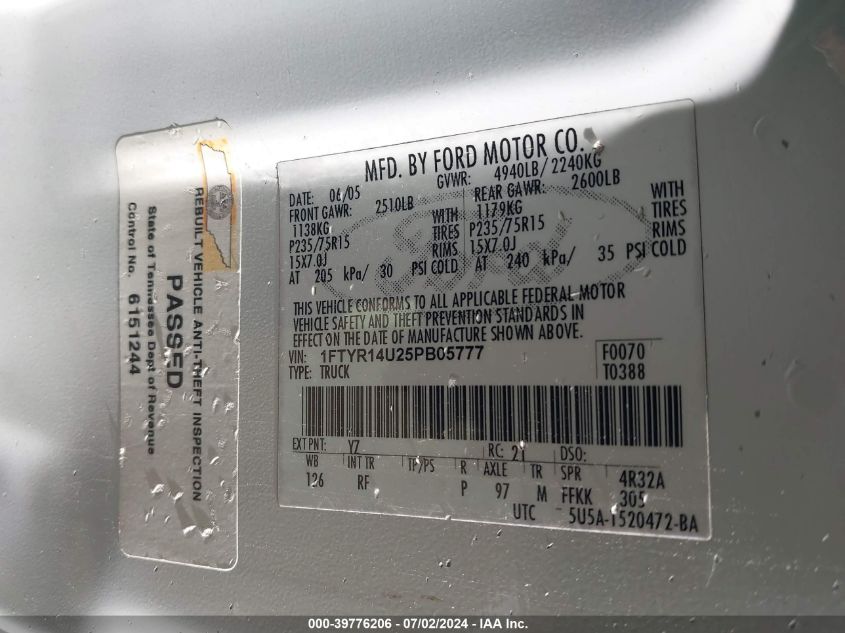 2005 Ford Ranger Super Cab VIN: 1FTYR14U25PB05777 Lot: 39776206