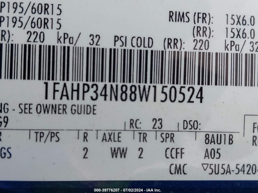 2008 Ford Focus S VIN: 1FAHP34N88W150524 Lot: 39776207