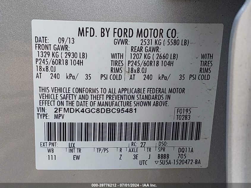 2013 Ford Edge Se VIN: 2FMDK4GC8DBC95481 Lot: 39776212