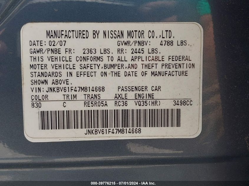 2007 Infiniti G35X VIN: JNKBV61F47M814668 Lot: 39776215