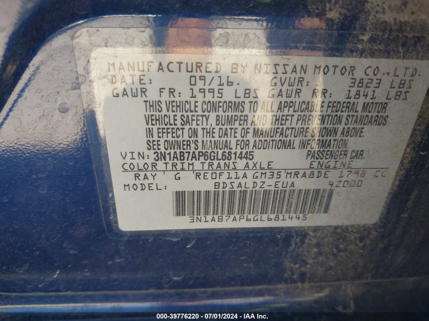 2016 Nissan Sentra Sv VIN: 3N1AB7AP6GL681445 Lot: 39776220