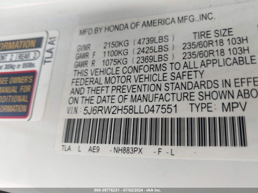 2020 Honda Cr-V Awd Ex VIN: 5J6RW2H58LL047551 Lot: 39776231