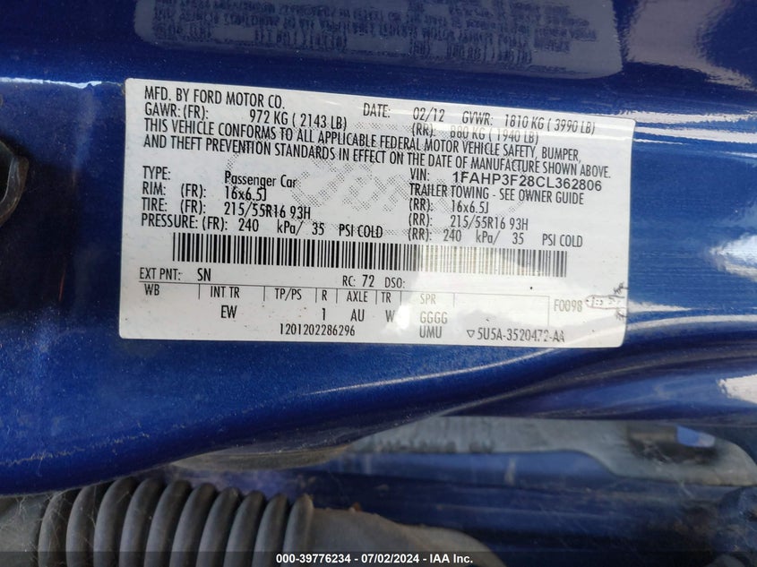 2012 Ford Focus Se VIN: 1FAHP3F28CL362806 Lot: 39776234