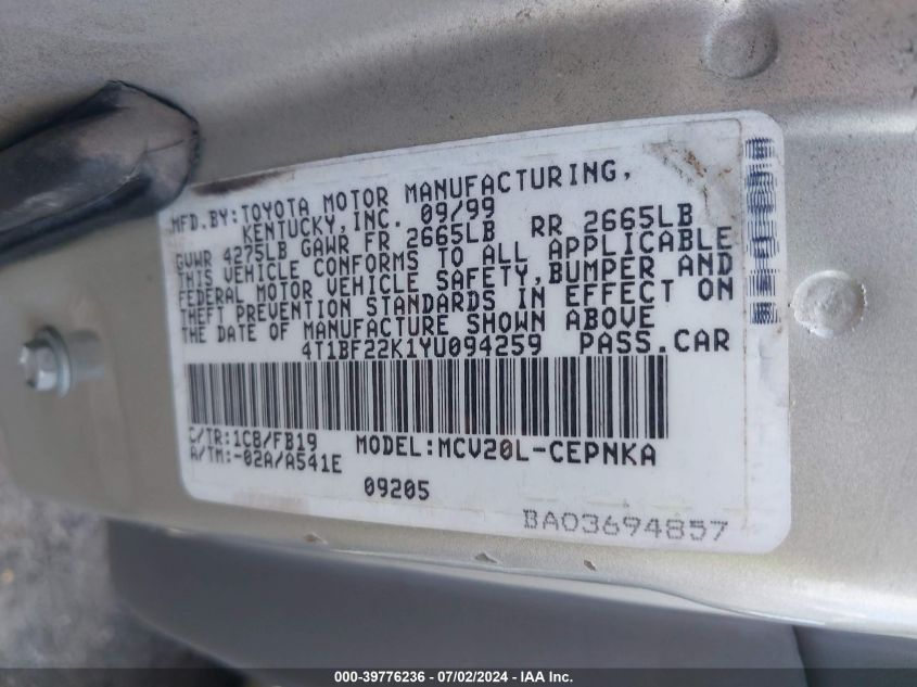 2000 Toyota Camry Le V6 VIN: 4T1BF22K1YU094259 Lot: 39776236