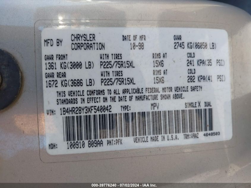 1999 Dodge Durango VIN: 1B4HR28Y3XF540042 Lot: 39776240