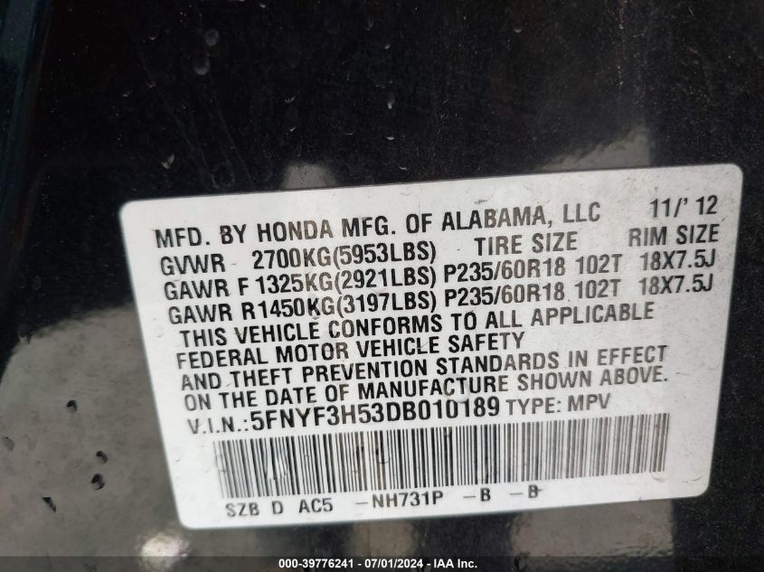 2013 Honda Pilot Ex-L VIN: 5FNYF3H53DB010189 Lot: 39776241