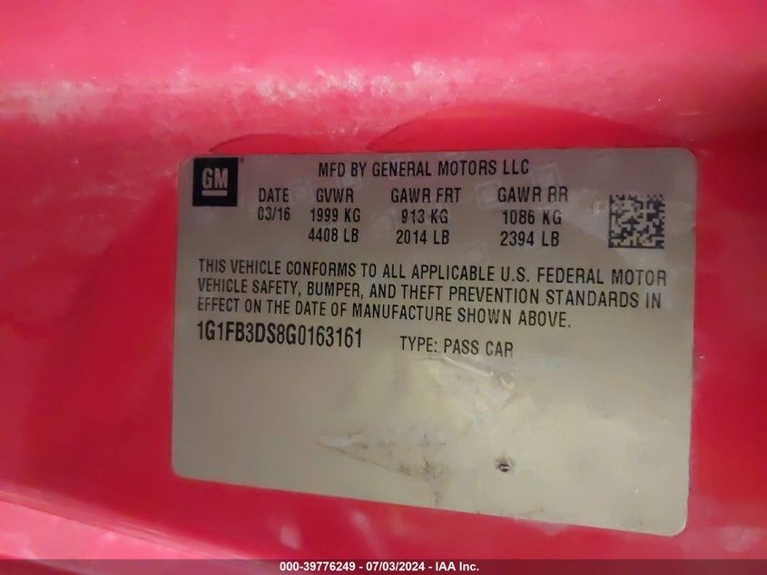 2016 Chevrolet Camaro 1Lt VIN: 1G1FB3DS8G0163161 Lot: 39776249