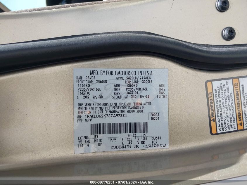 2003 Ford Explorer Xls VIN: 1FMZU62K73ZA97884 Lot: 39776251