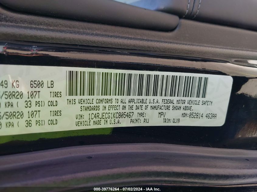 2019 Jeep Grand Cherokee Overland 4X2 VIN: 1C4RJECG1KC805467 Lot: 39776264