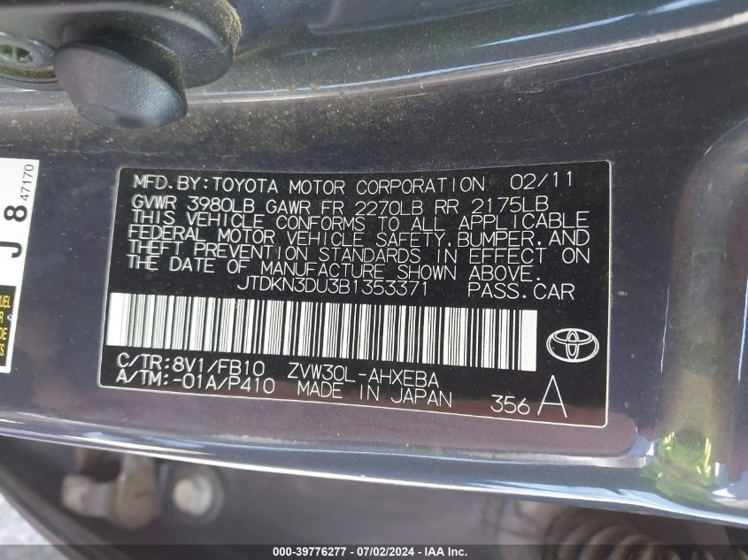 2011 Toyota Prius Two VIN: JTDKN3DU3B1353371 Lot: 39776277