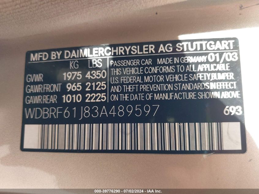 2003 Mercedes-Benz C 240 VIN: WDBRF61J83A489597 Lot: 39776290