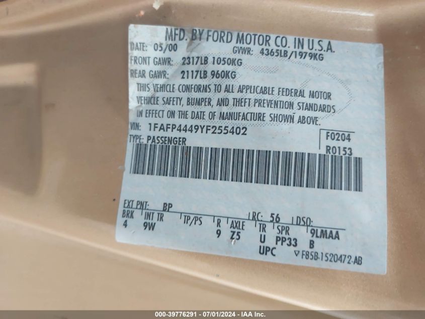 2000 Ford Mustang VIN: 1FAFP4449YF255402 Lot: 39776291