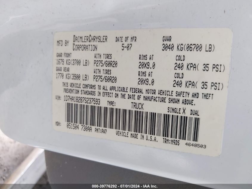 2007 Dodge Ram 1500 Slt VIN: 1D7HA18287S237593 Lot: 39776292