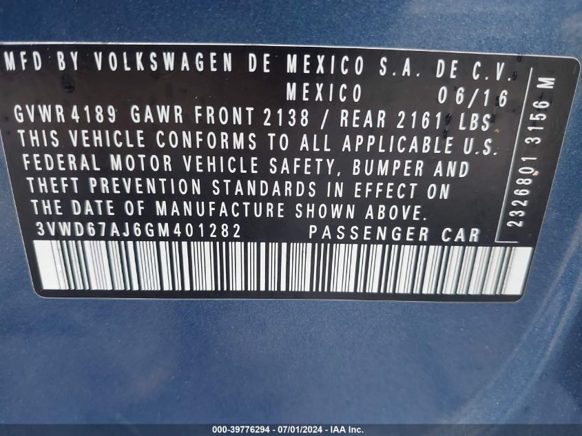 2016 Volkswagen Jetta 1.4T Se VIN: 3VWD67AJ6GM401282 Lot: 39776294