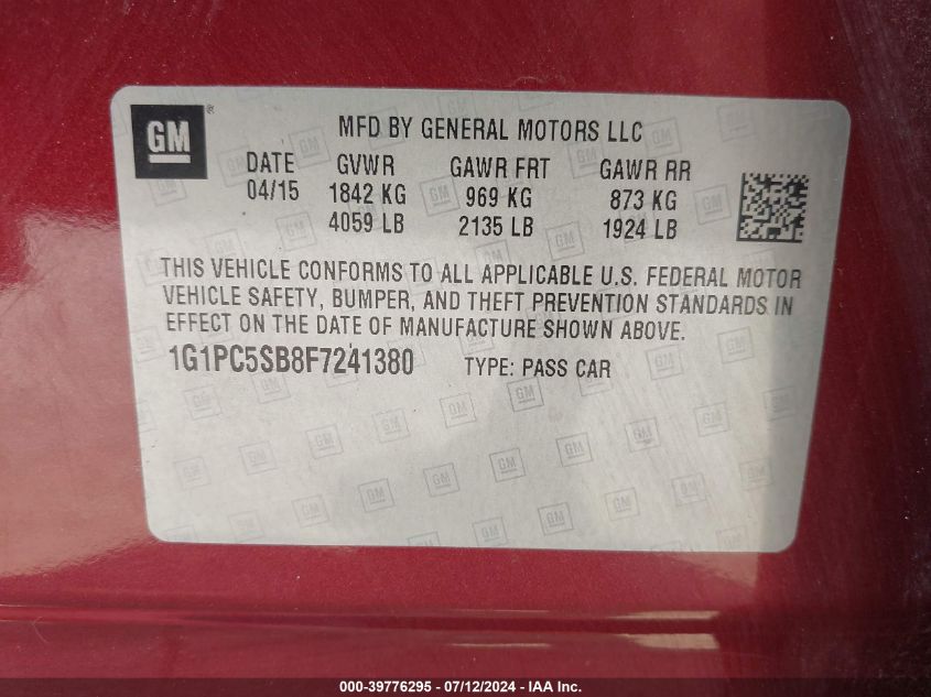 2015 Chevrolet Cruze 1Lt Auto VIN: 1G1PC5SB8F7241380 Lot: 39776295