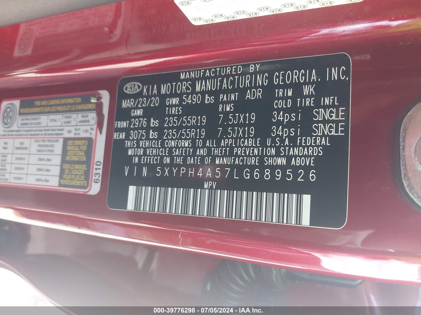 2020 Kia Sorento 3.3L Ex VIN: 5XYPH4A57LG689526 Lot: 39776298