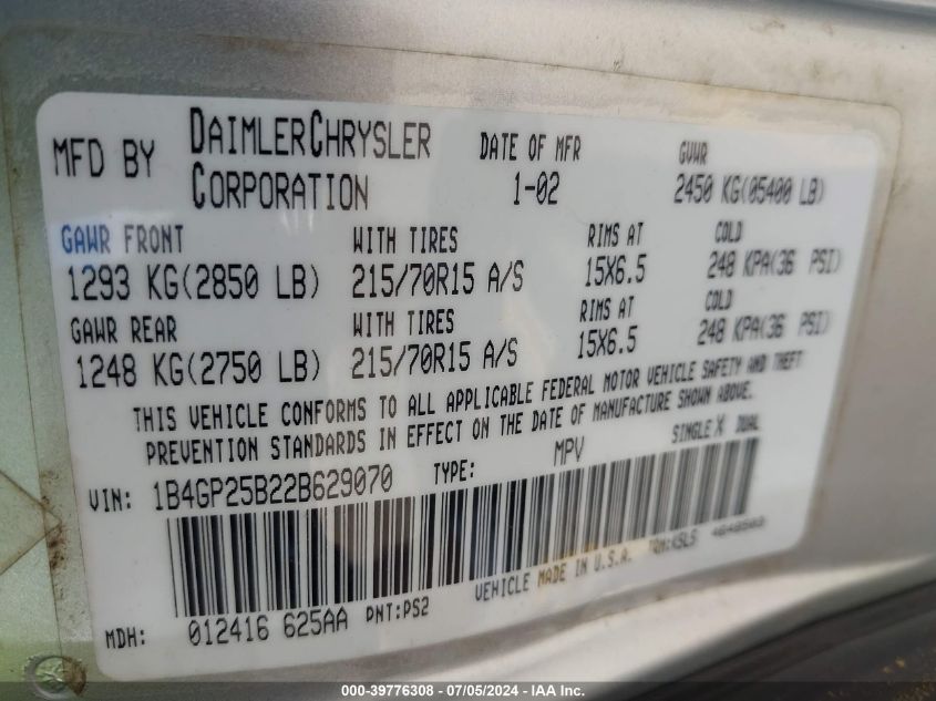 2002 Dodge Caravan Se VIN: 1B4GP25B22B629070 Lot: 39776308