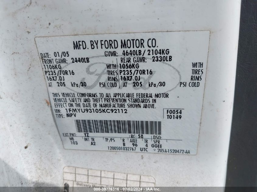 2005 Ford Escape Xlt VIN: 1FMYU93105KC92112 Lot: 39776316