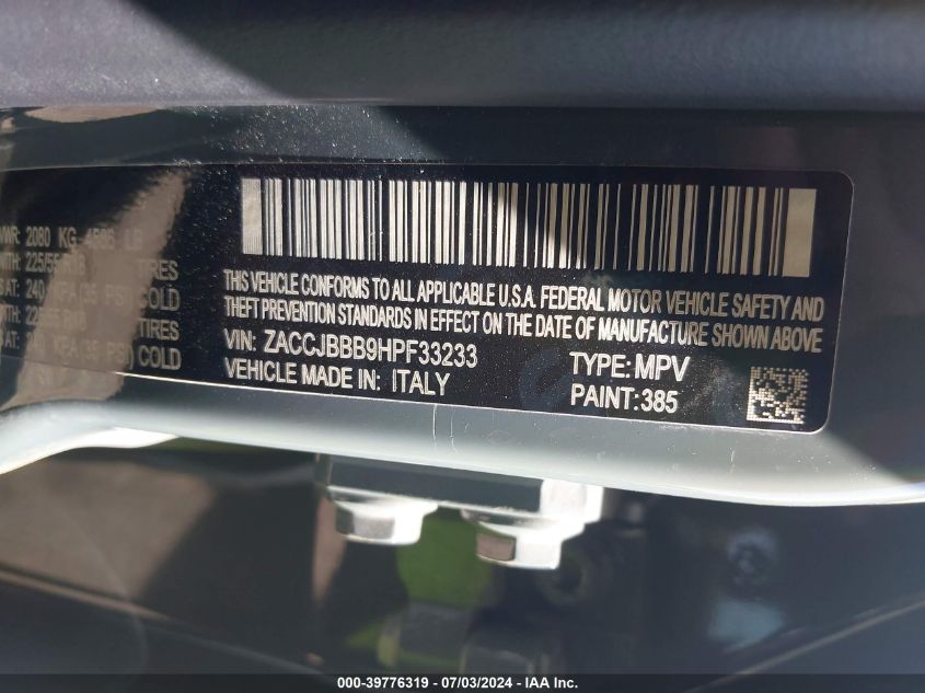 2017 Jeep Renegade Latitude 4X4 VIN: ZACCJBBB9HPF33233 Lot: 39776319