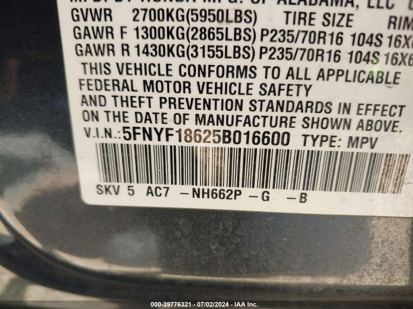 2005 Honda Pilot Ex-L VIN: 5FNYF18625B016600 Lot: 39776321