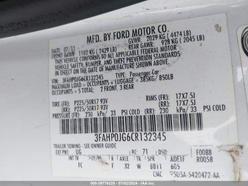 2012 Ford Fusion Sel VIN: 3FAHP0JG6CR132345 Lot: 39776325