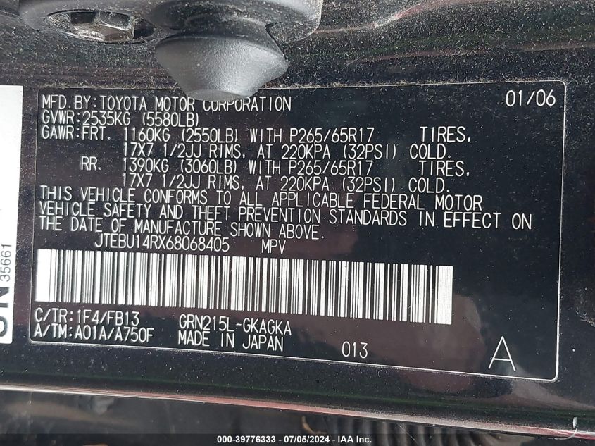 2006 Toyota 4Runner Sr5 Sport V6 VIN: JTEBU14RX68068405 Lot: 39776333