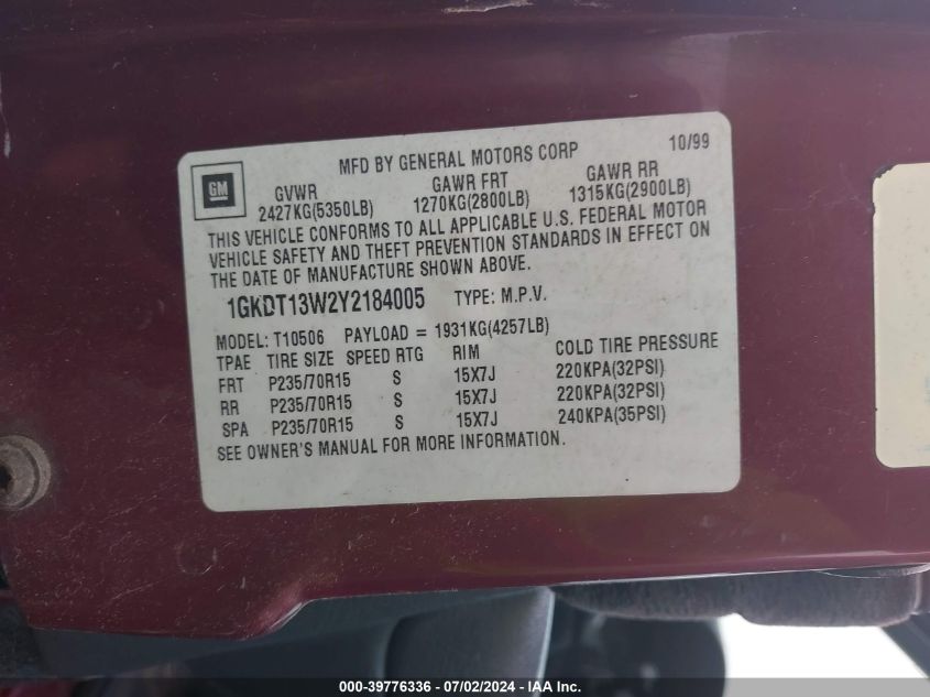 2000 GMC Jimmy Sle VIN: 1GKDT13W2Y2184005 Lot: 39776336